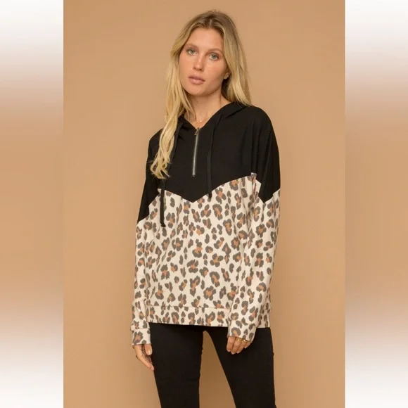 156. Leopard Print Color Block Half Zip Hoodie Black/Taupe NWT - Picture 3 of 8